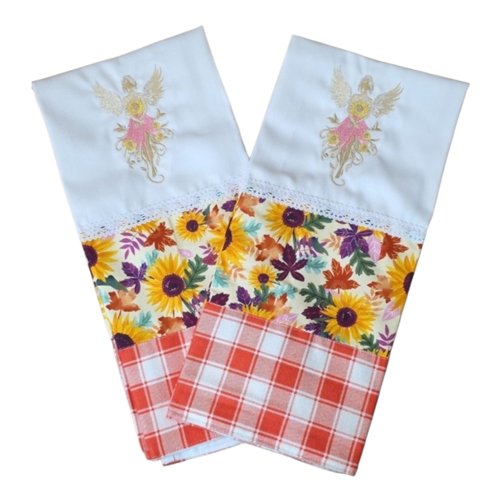 😍 Handcrafted Embroidered Floral Angel Tea Towels Set 2 18"‎ X 27"
